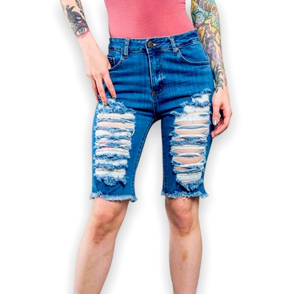 American Bazi Women's Blue Destroyed Denim Distressed Capri Knee Long Shorts